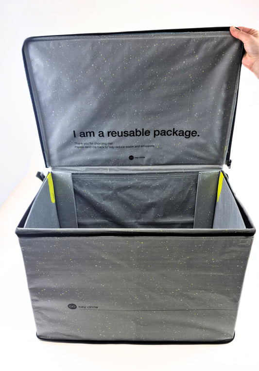 große graue, faltbare Box aus Kunststoff mit geöffnetem Deckel mit Inschrift I am a reusable packaging